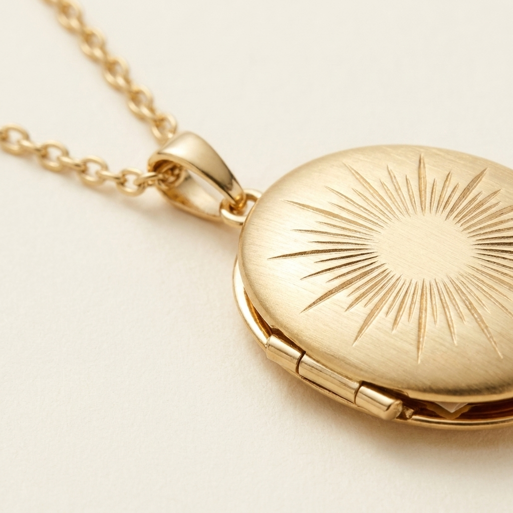 TAORMINA Locket Necklace — macro detail of sunburst engraving