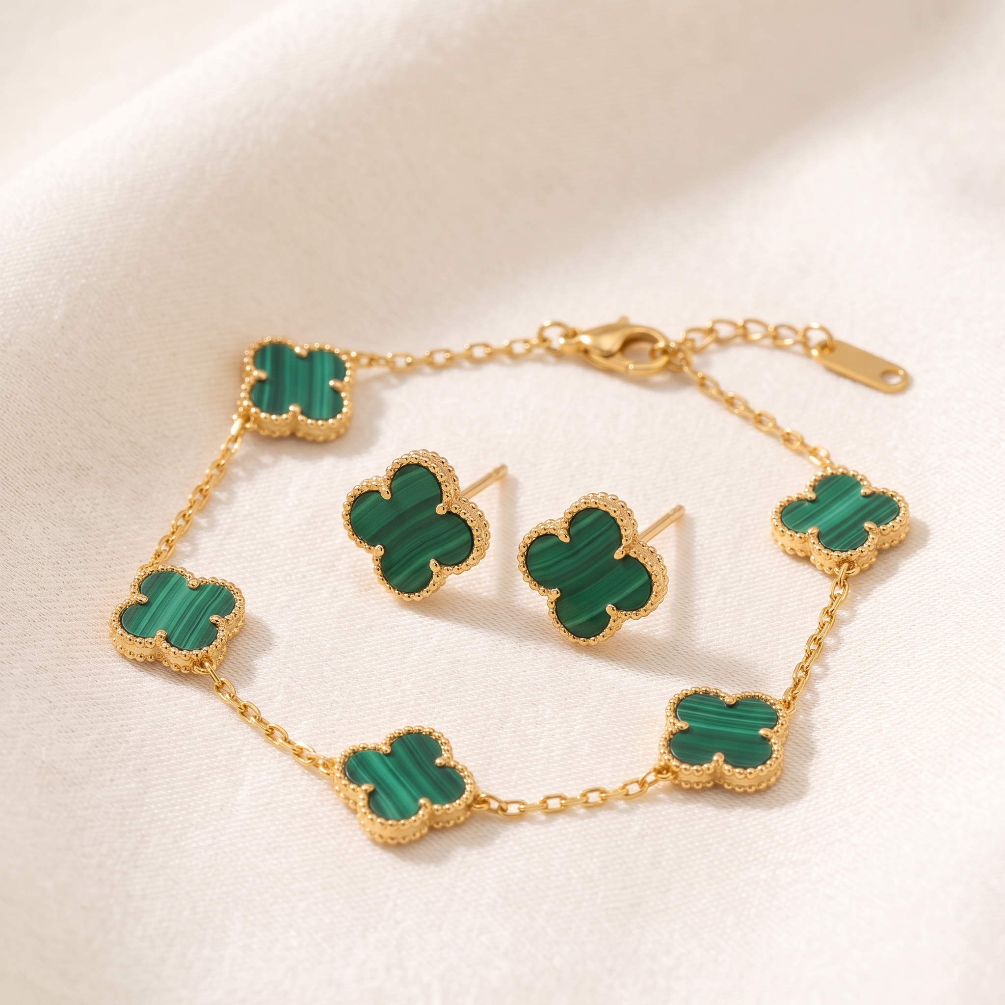 The Clover Duo — bracelet and studs set on ivory silk