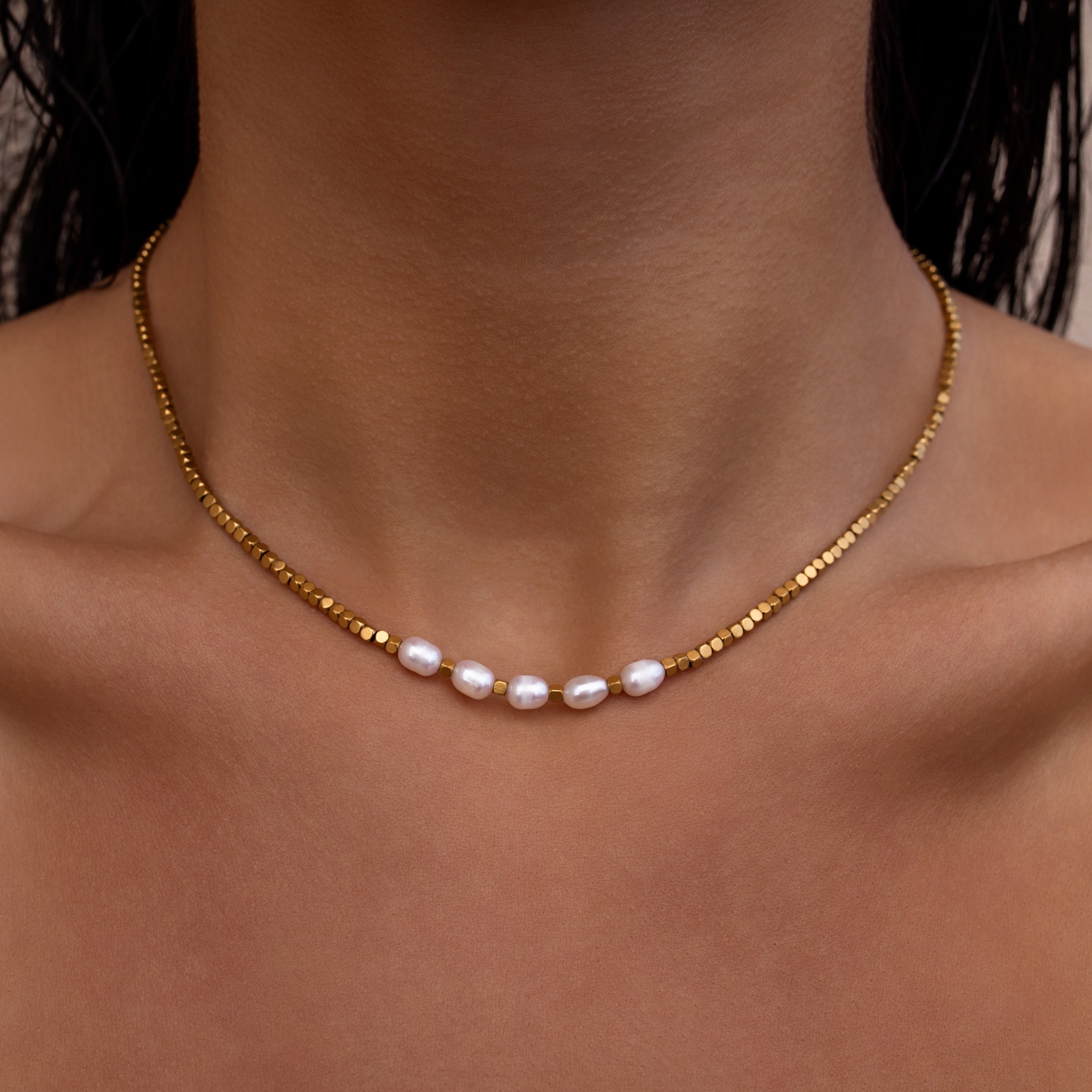 CANNES Pearl Beaded Necklace — freshwater pearls on 18K gold-tone