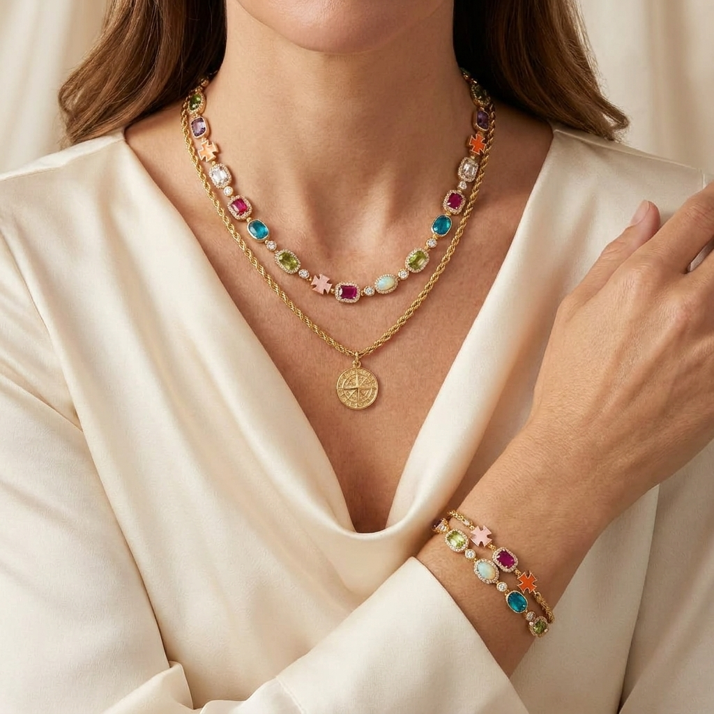 SAINT-TROPEZ Gemstone Set worn — necklace and bracelet
