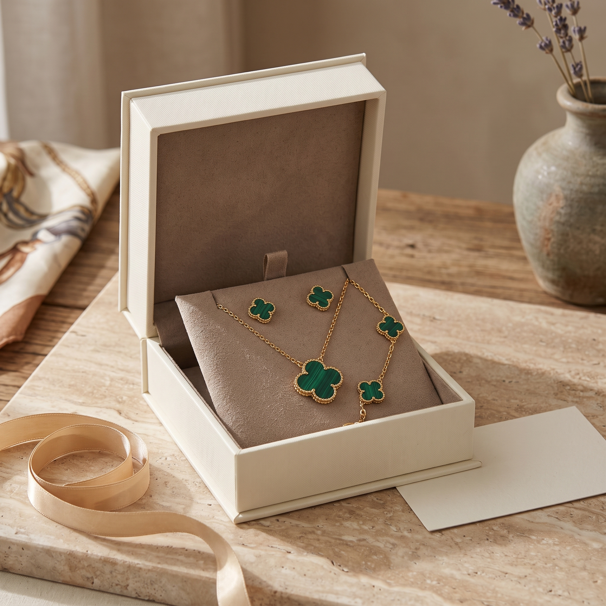 The Clover Set Gift Edition — necklace and bracelet in the Valecourt Keepsake Box