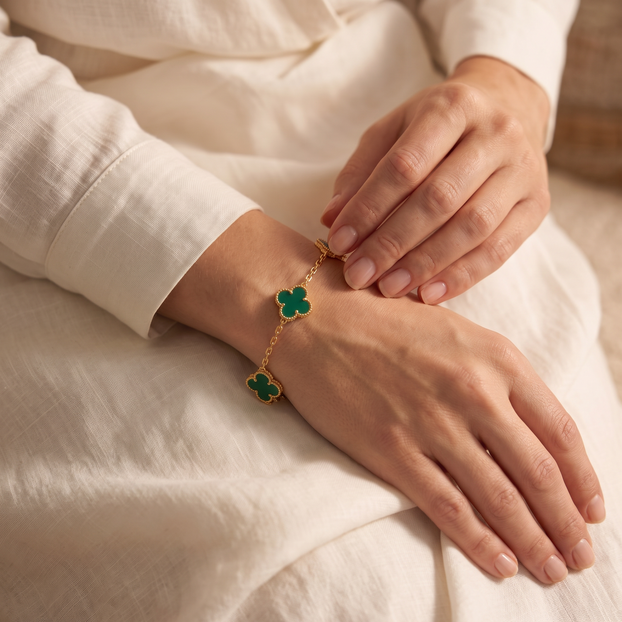 VERSAILLES clover bracelet worn — gold links and green clovers on the wrist