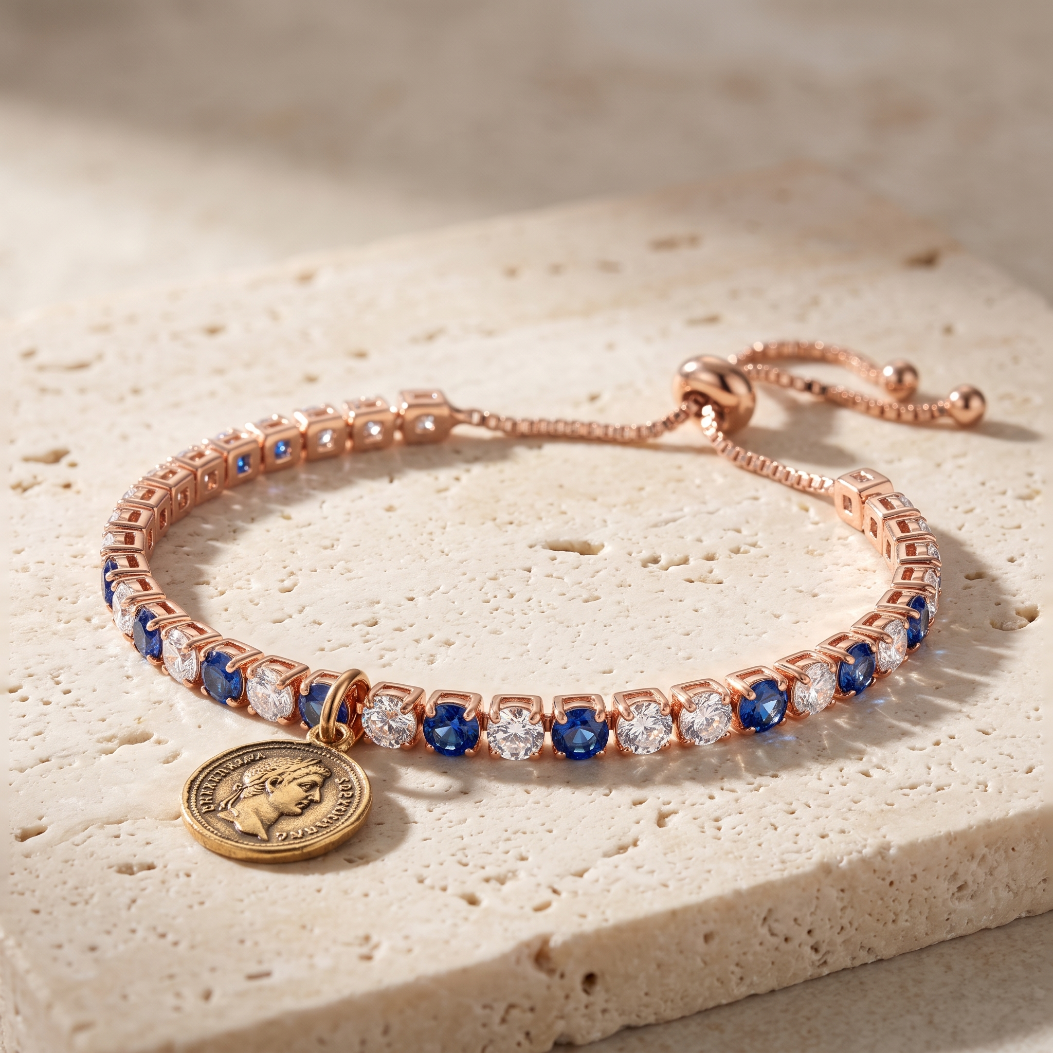 PORTOFINO Coin Bracelet — rose gold coin medallion with blue and white stones on travertine